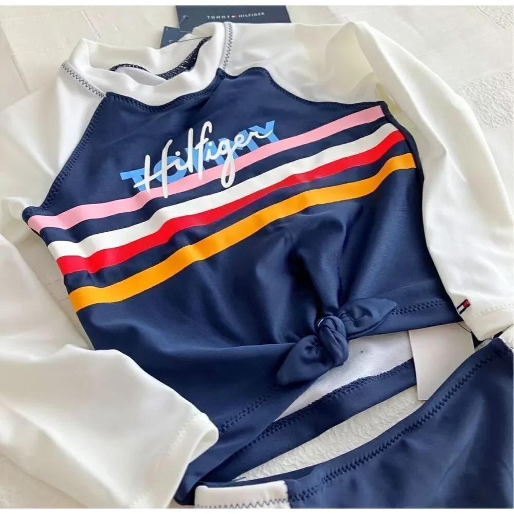 NWT Tommy Hilfiger Girls Two Piece Swim Suit Long Sleeve Set Size M 8/10